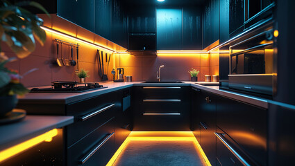 Modern dark kitchen interior design featuring ambient lighting and contemporary appliances