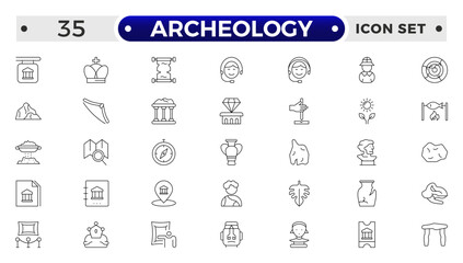 Archeology Outline icon set. Historical line icon. Contain linear symbols exhibition, antiquity, art, old, archaeologic, heritage and more. Antiques modern icon. Minimalist icons collection.