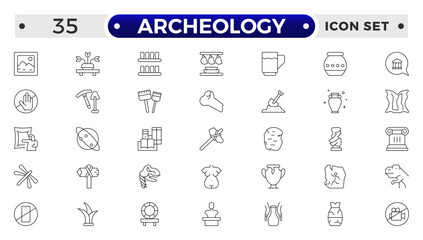 Archeology Outline icon set. Historical line icon. Contain linear symbols exhibition, antiquity, art, old, archaeologic, heritage and more. Antiques modern icon. Minimalist icons collection.