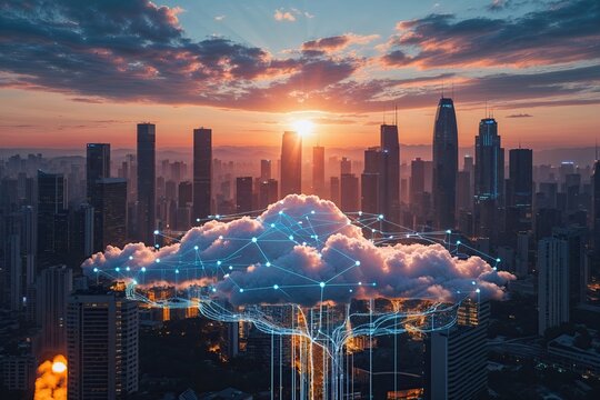 Cloud Systems Interaction for Secure Data Flow and Networking Concepts in a Vibrant Sunset Cityscape