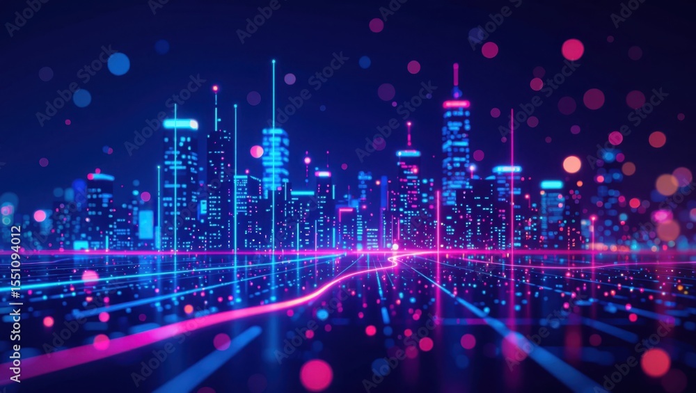 Poster futuristic cyberpunk cityscape with neon lights and data streams creating a digital metropolis