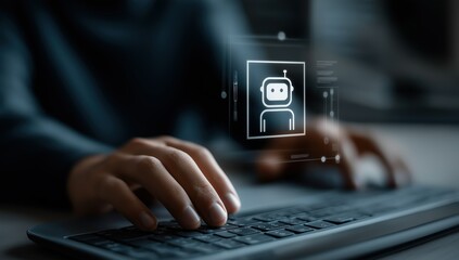 Digital - themed image showing hands on keyboard with a robotic icon hologram - ideal for tech, AI, and digital communication projects 