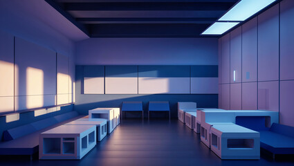 Modern futuristic interior design concept featuring minimalist architecture with cool color tones and geometric furniture