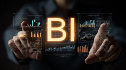 Hands presenting glowing "BI" surrounded by digital data visualizations like charts and graphs for business - related uses