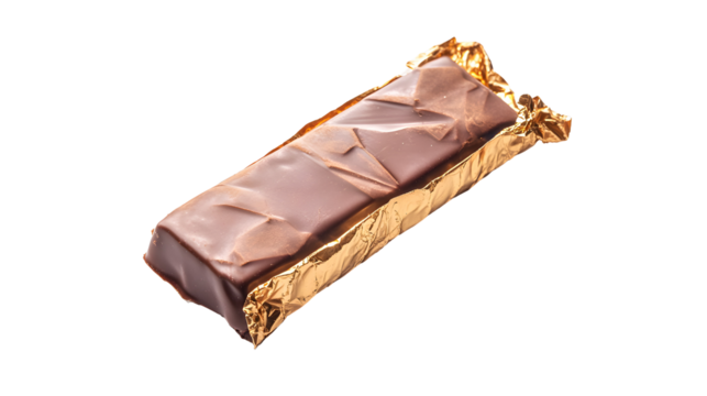 A chocolate bar wrapped in foil. The foil is gold and the chocolate is brown