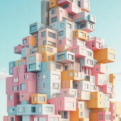 A vibrant, abstract, and colorful city skyscraper.  Stacked, geometric buildings in pastel hues, light blue, pink, peach, and orange,  form a towering structure against a pale sky. 