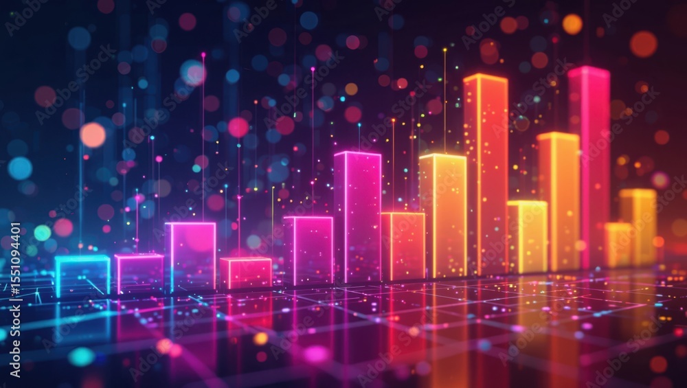 Aufkleber vibrant neon bar graph with bokeh lights and digital grid illustrating data growth