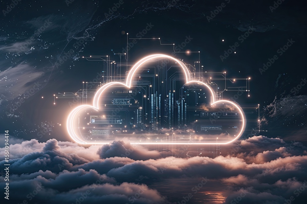 Poster luminous digital cloud design highlighting innovative data preservation techniques and cloud infrast