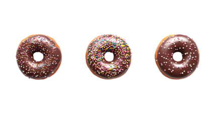 Three donuts with sprinkles on them. The donuts are brown and are arranged in a row