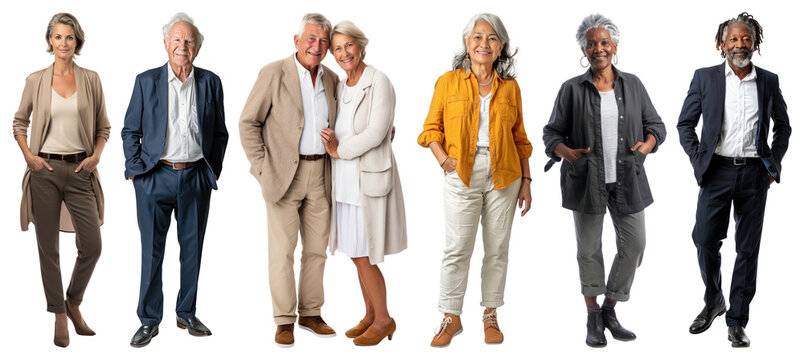 PNG Diverse senior fashion ensemble, element set on transparent background