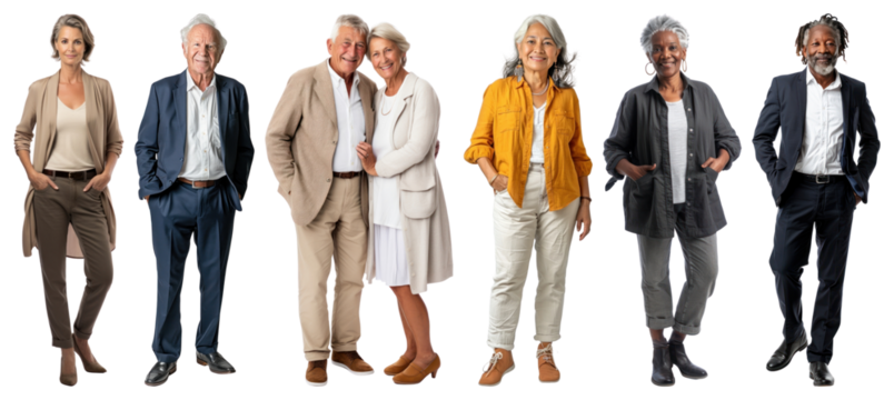 PNG Diverse senior fashion ensemble, element set on transparent background