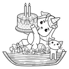 Happy Birthday Coloring Page with cute unicorn