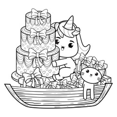 Happy Birthday Coloring Page with cute unicorn