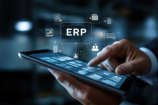 Business - hand touching tablet with ERP concept and digital icons floating, suitable for corporate tech - related presentations and marketing materials 