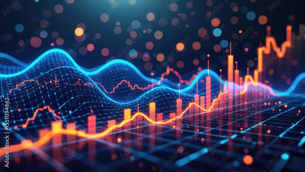 Poster abstract glowing digital financial data visualization with rising bar charts and wavy lines on a dar