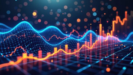 Abstract glowing digital financial data visualization with rising bar charts and wavy lines on a dark background