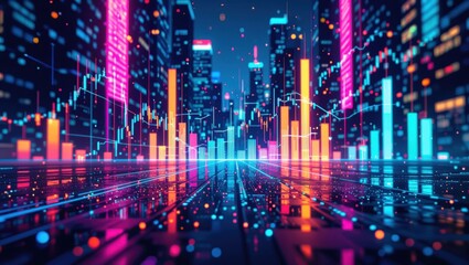 Obraz premium Vibrant neon cityscape reflecting digital stock market data and financial growth