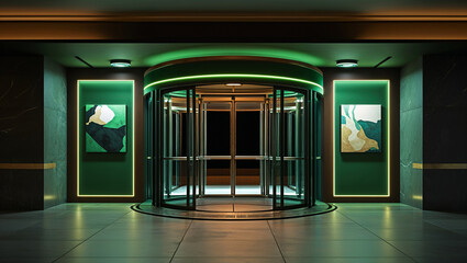 Modern hotel entrance featuring a glass revolving door abstract paintings and neon lighting