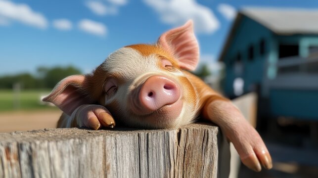 The image beautifully captures a cute piglet napping peacefully on a wooden fence, radiating warmth and innocence, perfect for animal lovers and representations of farm life.