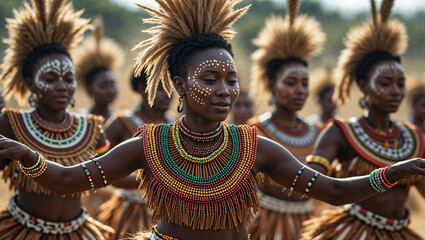 African dancers in traditional attire performing a cultural ritual with ornate beadwork and headdresses outdoors
