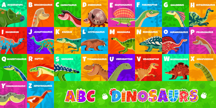 Kids prehistoric dinosaurs alphabet. Cartoon vector abc with funny prehistoric dino creatures from A to Z. Educational poster with dinosaur names and letters on vibrant backgrounds for kids learning