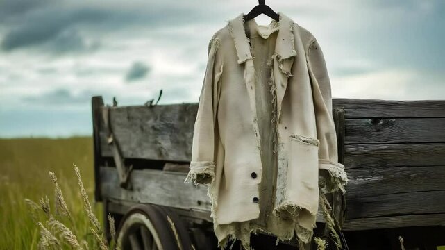 A tattered coat hanging on a hook in front of an old wooden cart, set against a grassy field and cloudy sky.