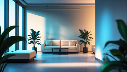 Modern interior design featuring sofa plants and large windows illuminating the room with natural light
