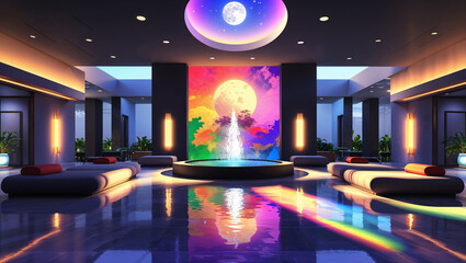 Modern interior design of a luxury lounge with a colorful moonlit fountain and elegant lighting