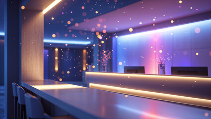 Modern interior design render with ambient lighting and sparkling bokeh effects perfect for hospitality