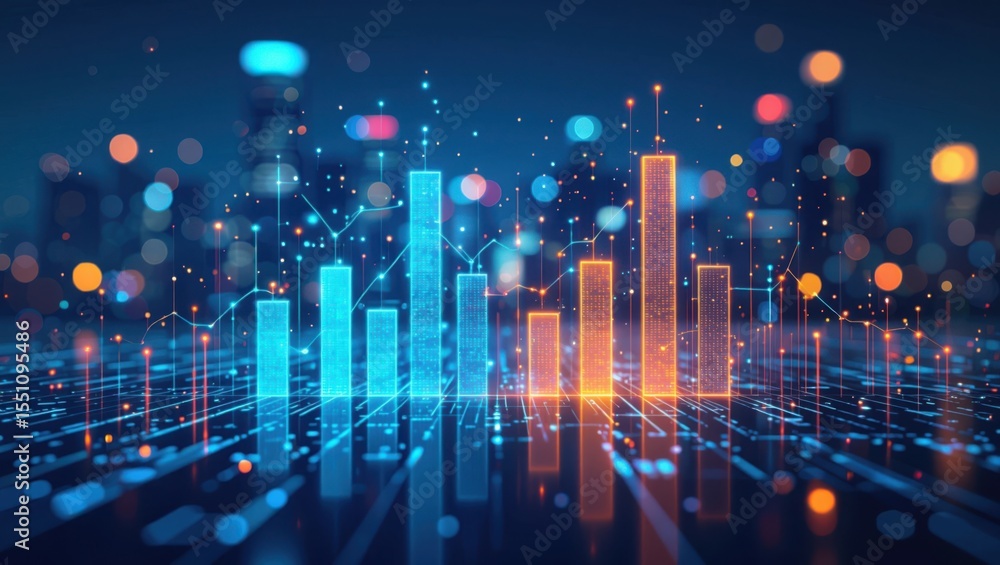 Poster digital bar graph with connecting lines and city lights background illustrating data trends