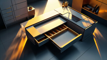 Modern interior design showcasing a luxury kitchen with open drawers and elegant golden accents