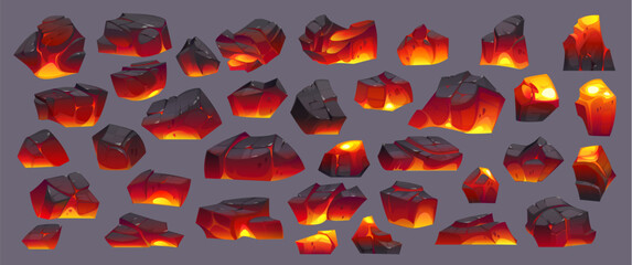 Burn ember charcoal, hot coal pieces. Vector set of cartoon glowing lava rocks with fiery orange and yellow cores encased in blackened, charred exteriors. Heat, energy, and volcanic activity elements
