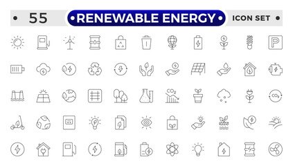 Renewable energy Outline icon set. Energy, efficiency, solar energy, green, sunlight, wind, and water outline icon collection. UI thin outline icon pack.