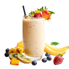 A glass of fruit smoothie with a straw and a strawberry garnish surrounded by fresh fruits on black on transparent background