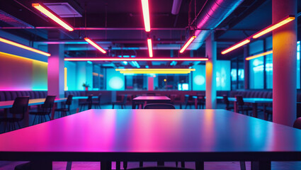 Modern interior with neon lighting over tables and chairs creating a vibrant and stylish atmosphere