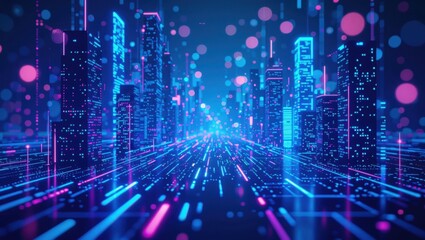 Fototapeta premium Futuristic neon cityscape with digital data streams and glowing bokeh lights