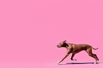 Amstaff biegnący na różowym tle