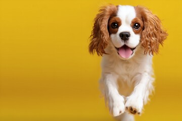 Cavalier spaniel biegnący na ż&oacute;łtym tle
