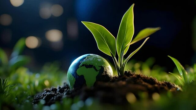 A small globe representing Earth, partially buried in soil, with a green plant sprouting beside it.