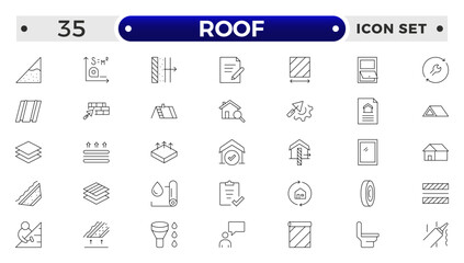 Roof Outline icons set. Construction and roofing repair of the roof of the house. Property and characteristics of different types of roofs. Layers of materials, tools, linear icon.