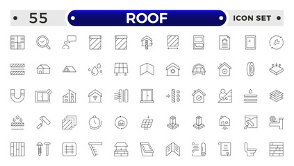 Roof Outline icons set. Construction and roofing repair of the roof of the house. Property and characteristics of different types of roofs. Layers of materials, tools, linear icon. © artshuvo