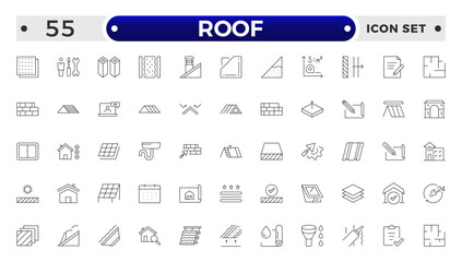 Roof Outline icons set. Construction and roofing repair of the roof of the house. Property and characteristics of different types of roofs. Layers of materials, tools, linear icon. © artshuvo