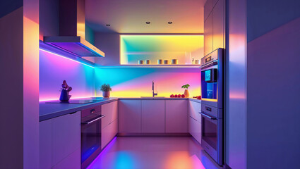 Modern kitchen interior design illuminated with stunning gradient colored ambient lighting for stylish decor