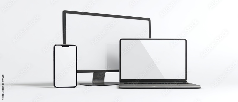 Poster the modern workspace showcasing sleek digital devices with blank screens.