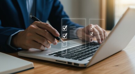 Online Checklist: Person Completing Digital Form on Laptop, Business Attire, Checkmarks.