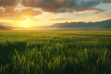 Fototapeta premium Green Paddy Field at Sunset with Golden Light and Distant Mountains