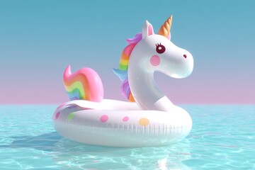 Colorful unicorn float on calm pastel water under blue sky