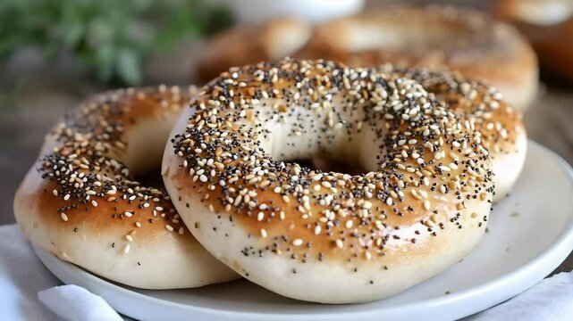 Three bagels topped with a mix of sesame and poppy seeds on a white plate.