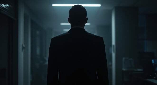 Silhouetted Figure Walking Down Dark Hallway, Back View, Mystery, Ambition, Low Key Lighting