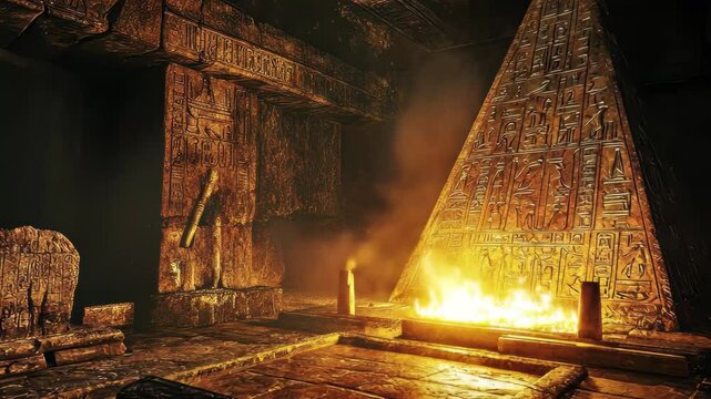 Mysterious pyramid chamber with glowing artifacts from Amon Ras in an ancient underground setting, Mysterious pyramid chamber, artifacts glow, Amon Ra's statue gaze